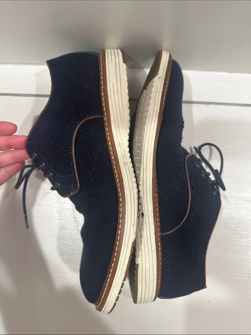 Johnston & Murphy Navy Knit Derby with Brown Leather Trim